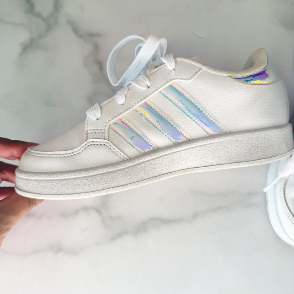 Adidas Size 1 kids White Iridescent Breaknet Sneakers